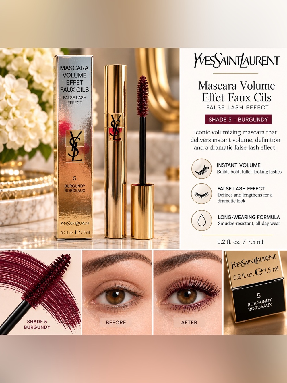 Yves Saint Laurent Mascara Volume Effet Faux Cils – Shade 5 Burgundy- NIB -7.5ml